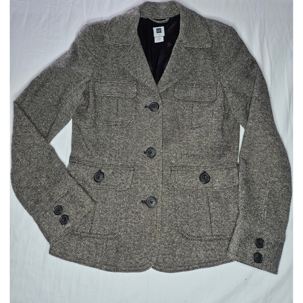GAP Women's Tweed Blazer Jacket Size M Wool Blend Black Grey Career Outerwear
